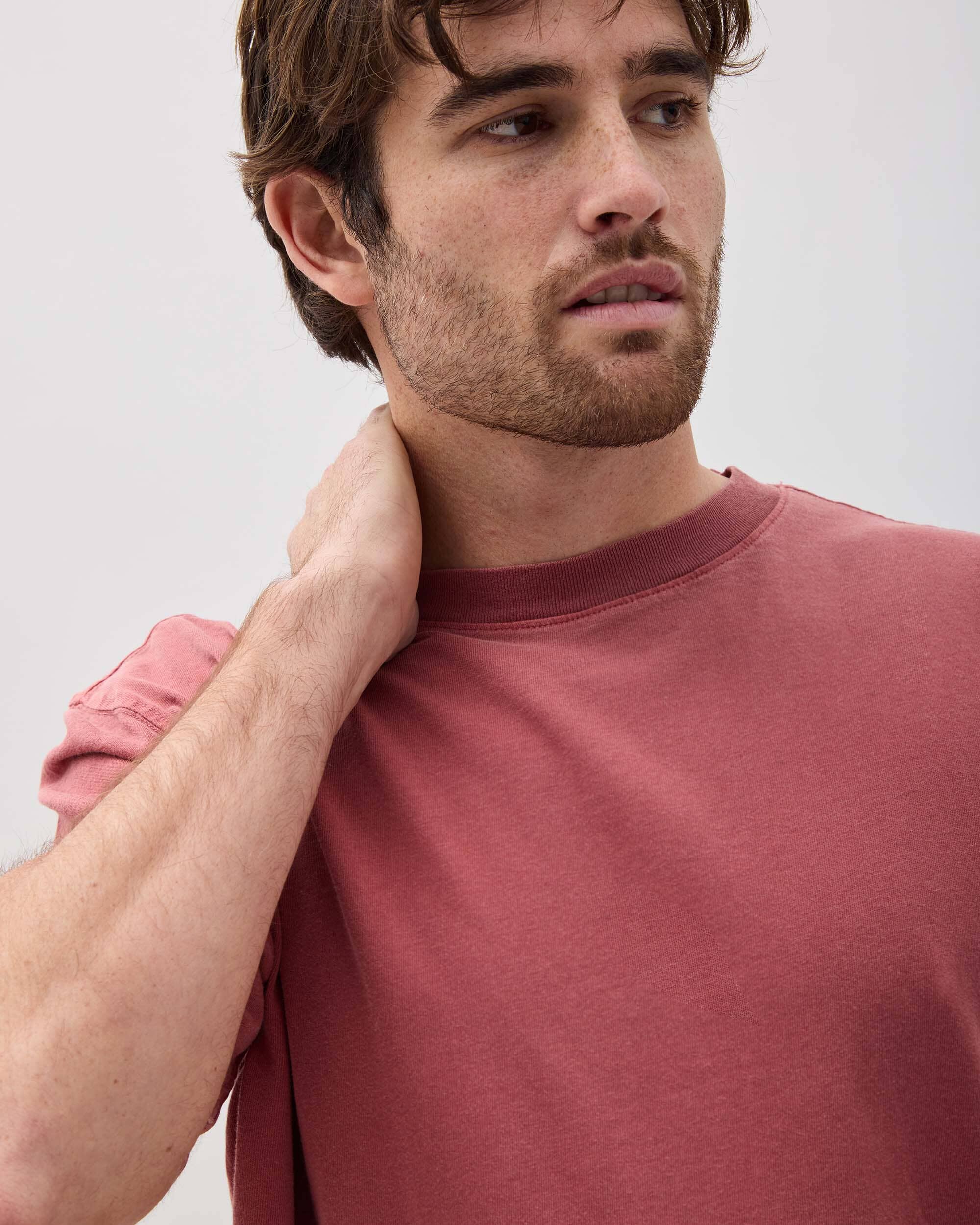 Mens Relaxed Short Sleeve Tee - Pigment Dye Jersey - Marsala - Image 4
