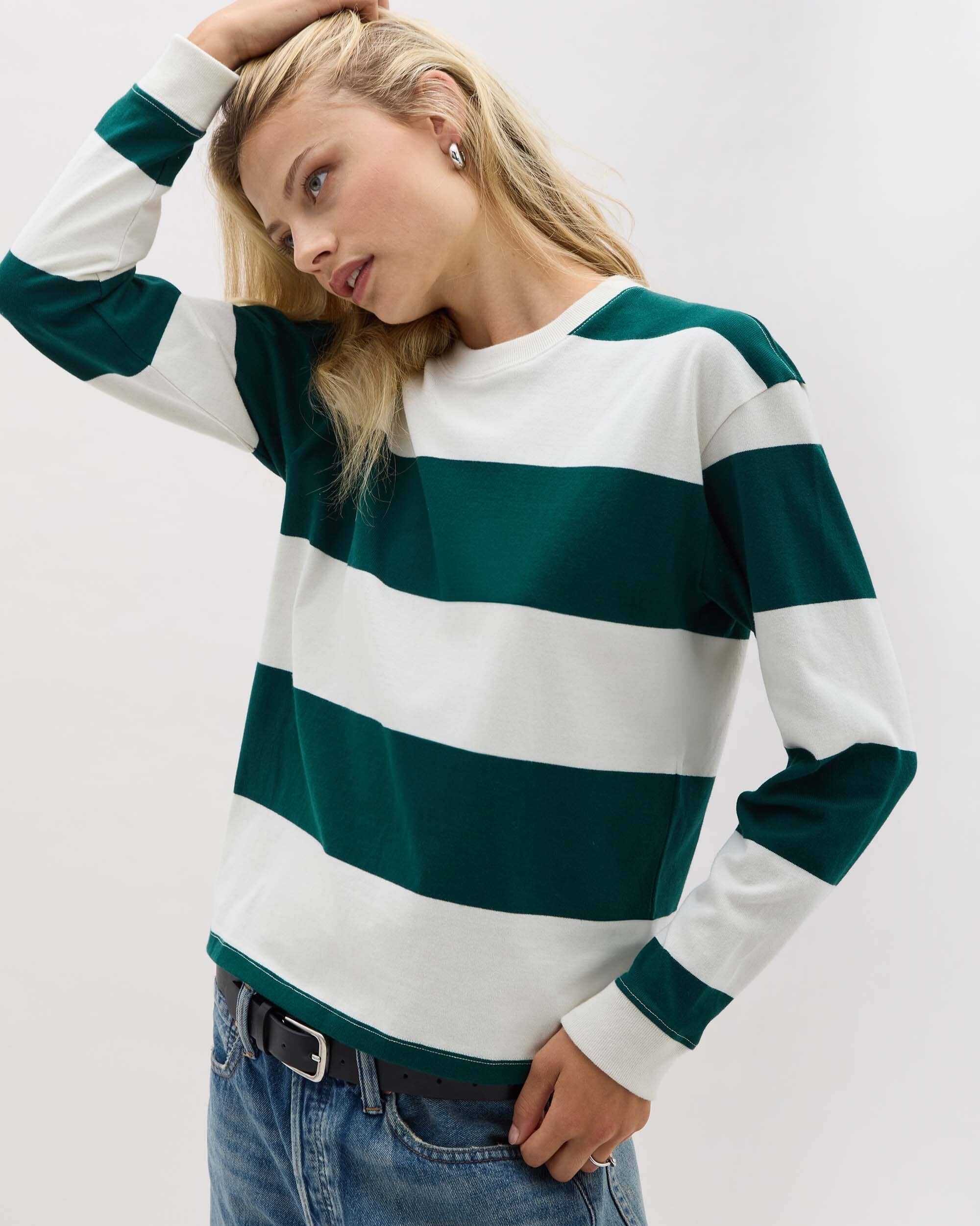 Womens Heavy Pima Rugby Pullover - Pima Cotton Jersey - Rainforest Bone Stripe - Image 3