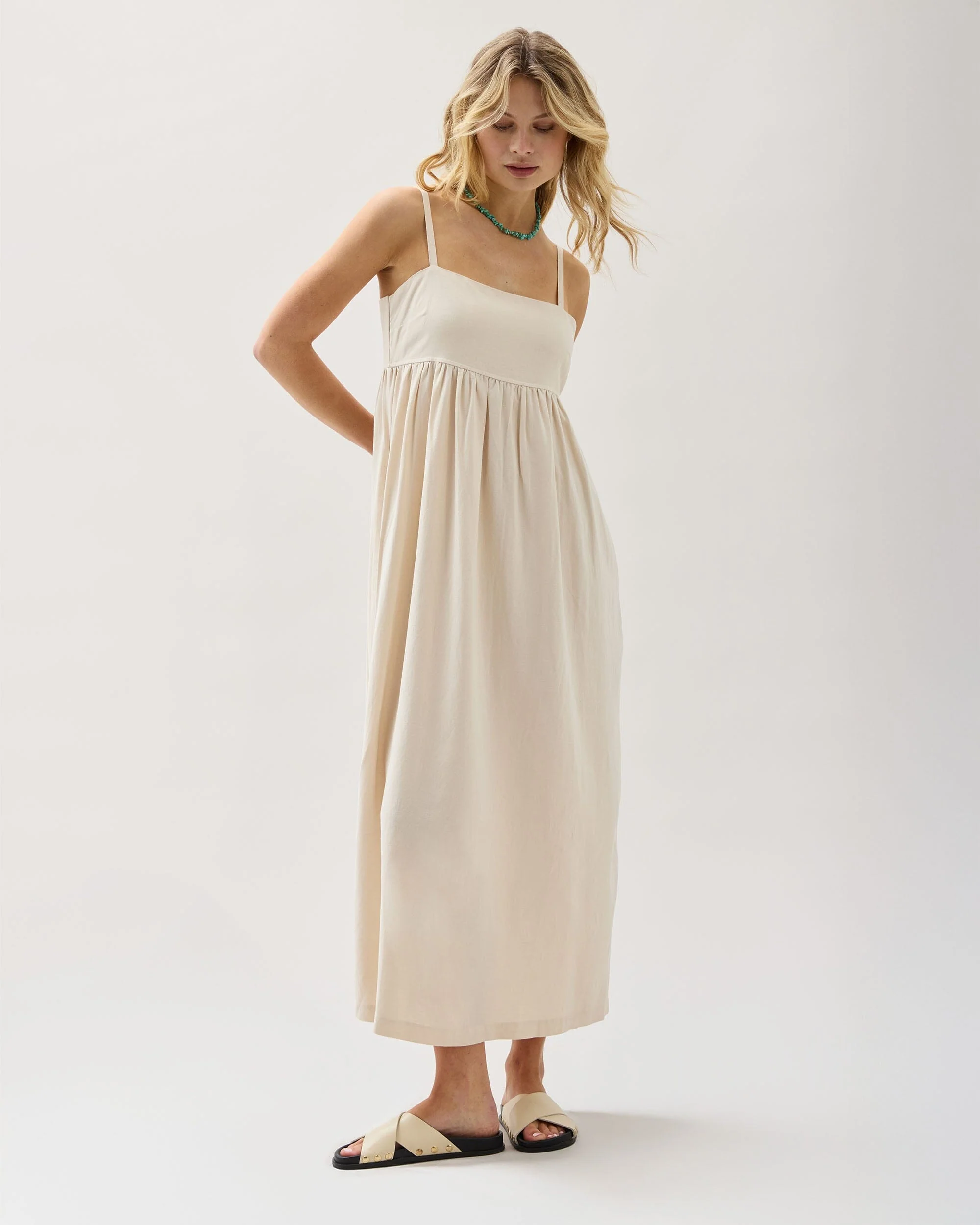 Womens Linen Maxi Dress - Rayon Linen Woven - Bone - Image 3