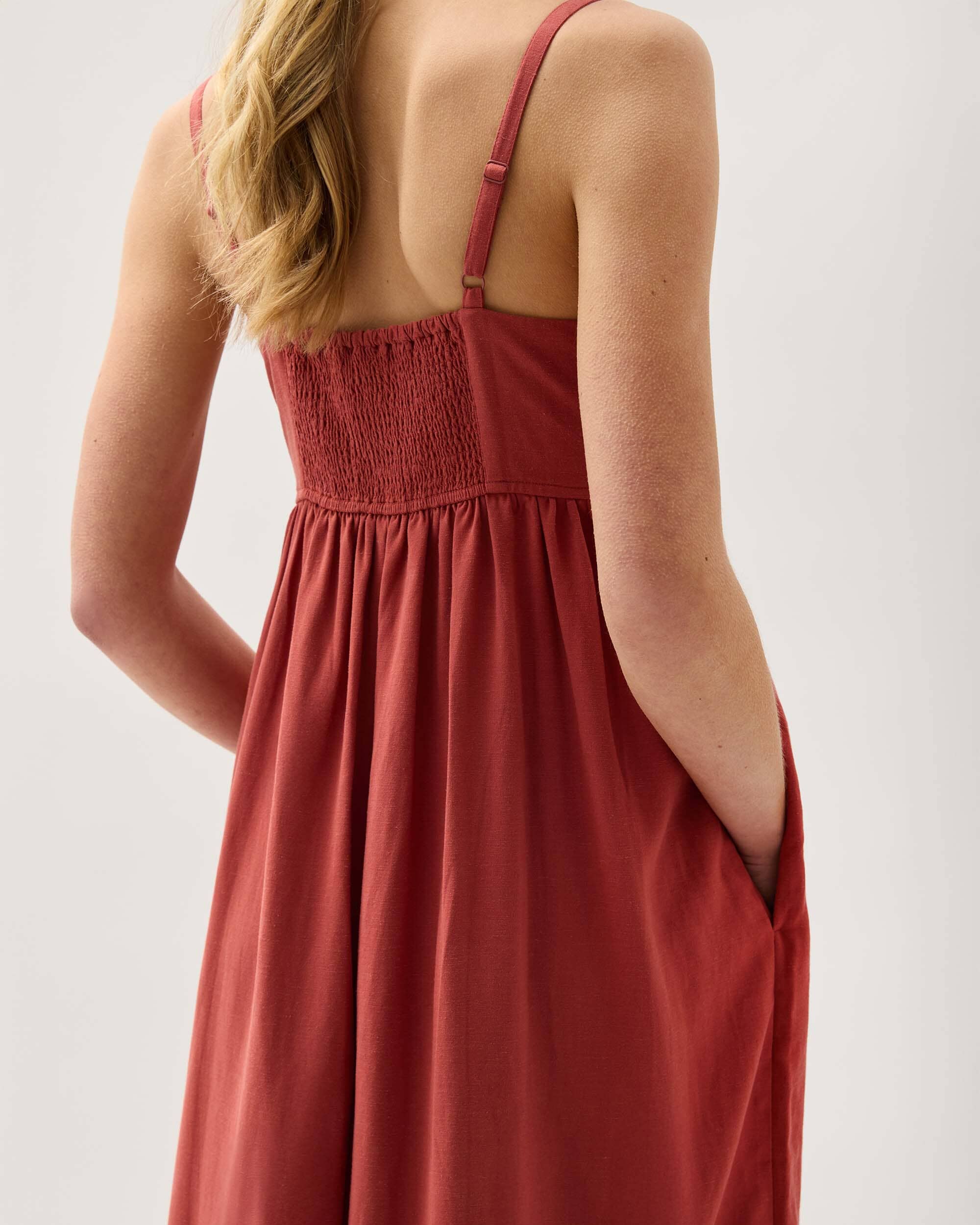 Womens Linen Maxi Dress - Rayon Linen Woven - Marsala - Image 5